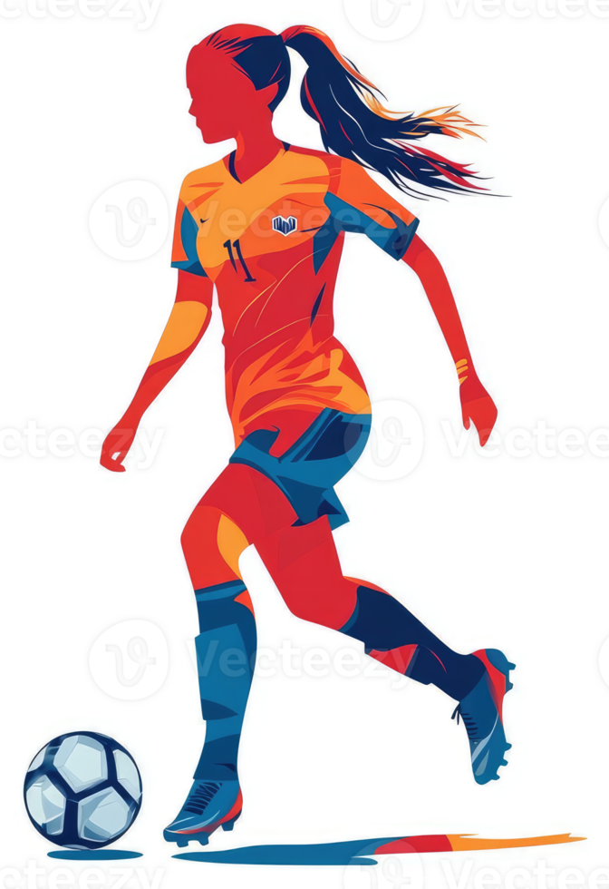 A vibrant illustration of a female soccer player in motion. png