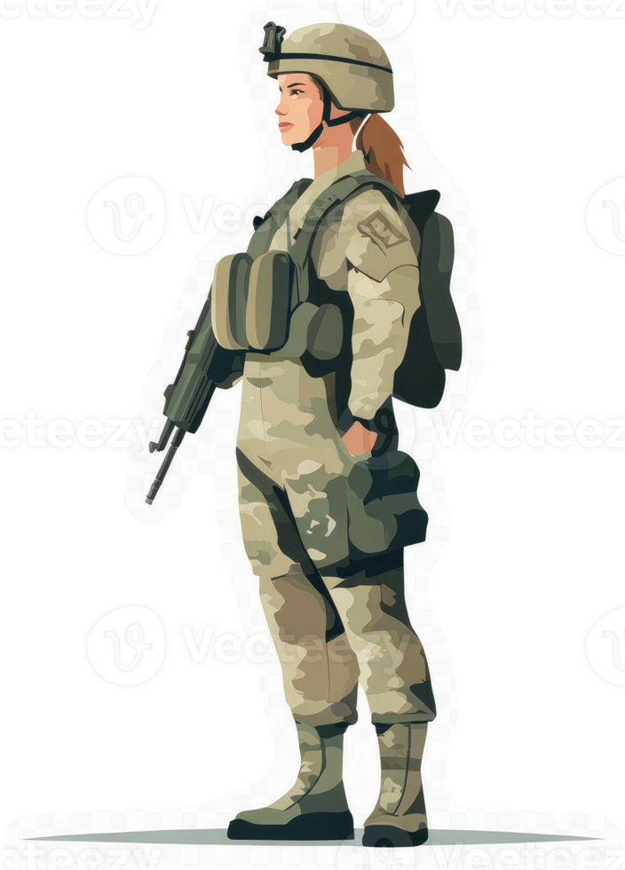 A female soldier in camouflage uniform, standing at attention with a rifle. png