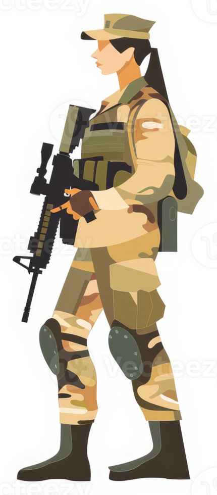 A female soldier in camouflage uniform, armed with an assault rifle. png