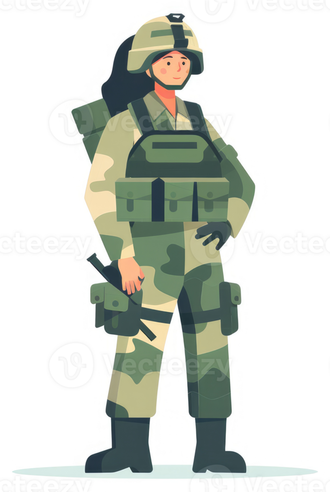 A female soldier in camouflage uniform stands alert. png