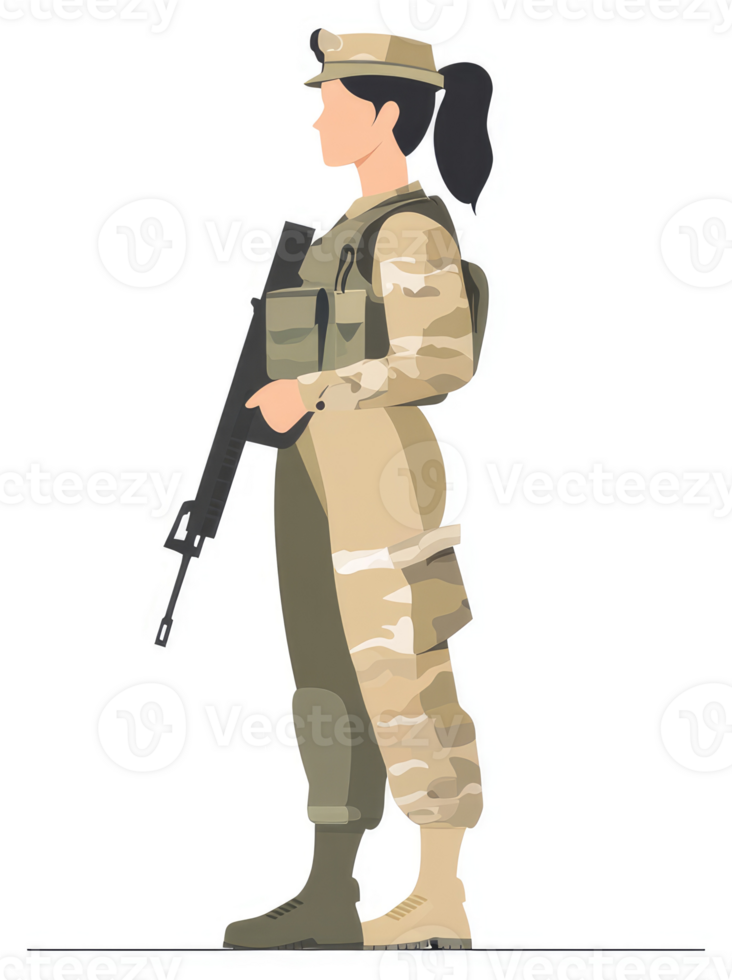 A female soldier in camouflage uniform stands at attention with a rifle. png