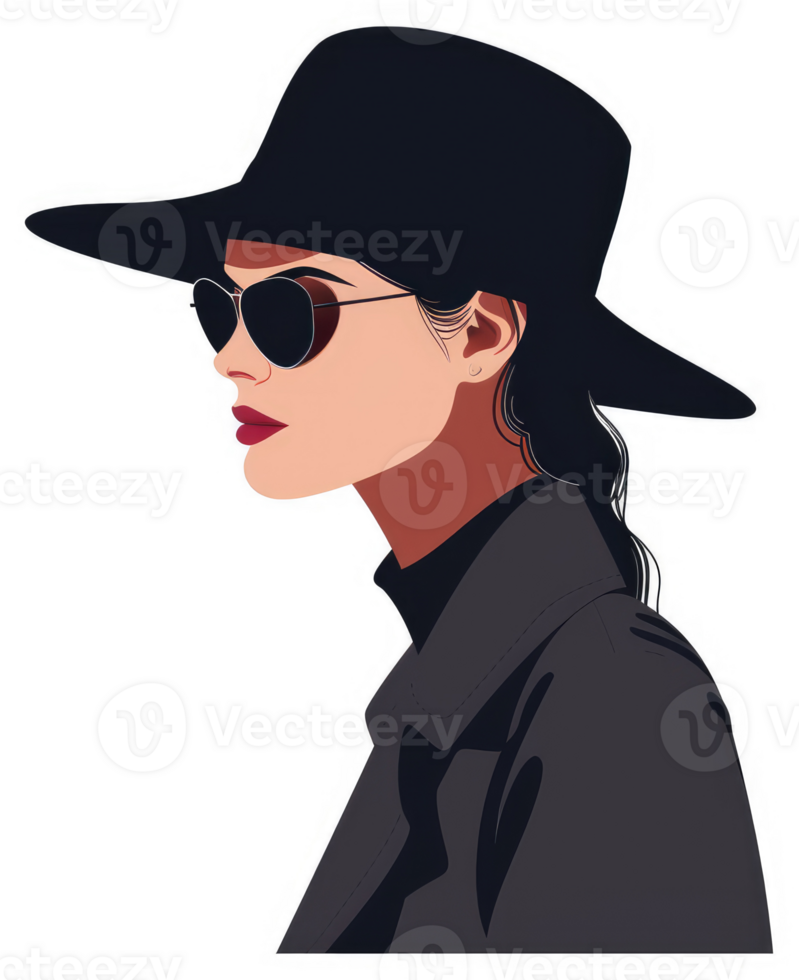 Stylish woman in a black hat and sunglasses, profile view. png