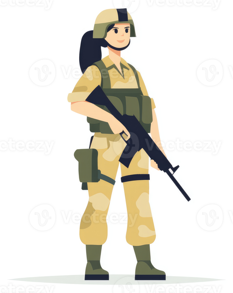 A female soldier in camouflage uniform stands ready with a rifle. png