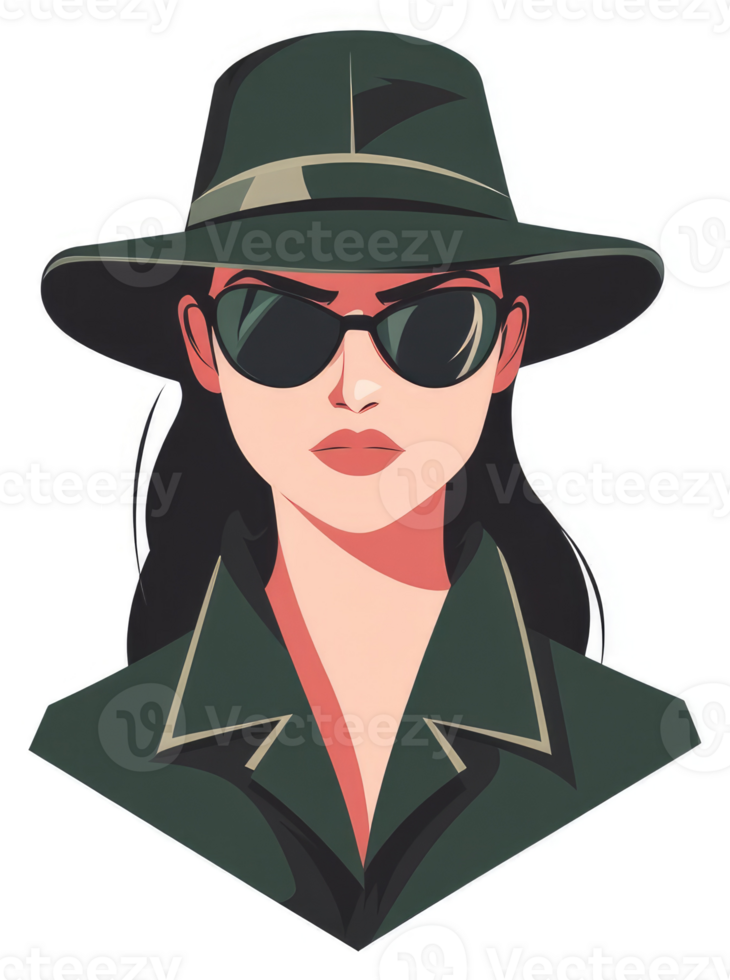 A stylish woman in a dark green jacket and hat, wearing sunglasses. png