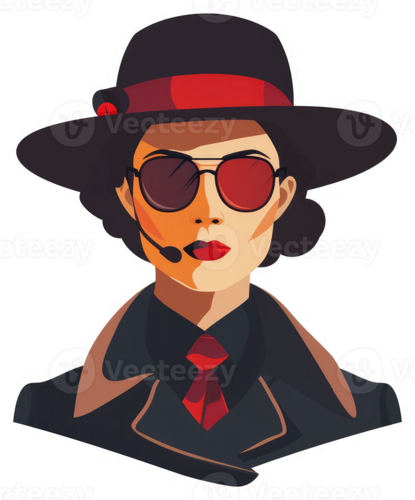 A stylish woman in a black hat and red tie, with a communication headset, in a bold illustration style. png