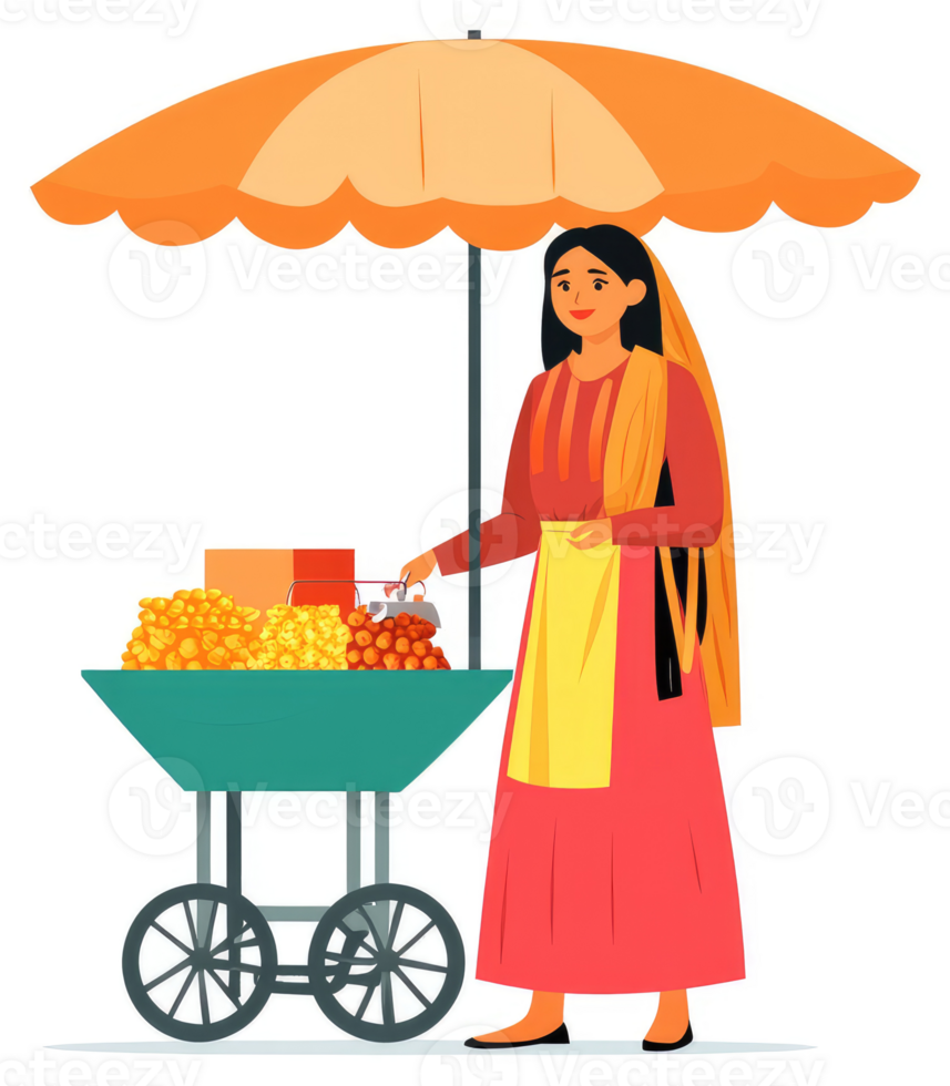 A woman selling street food under an orange umbrella. png