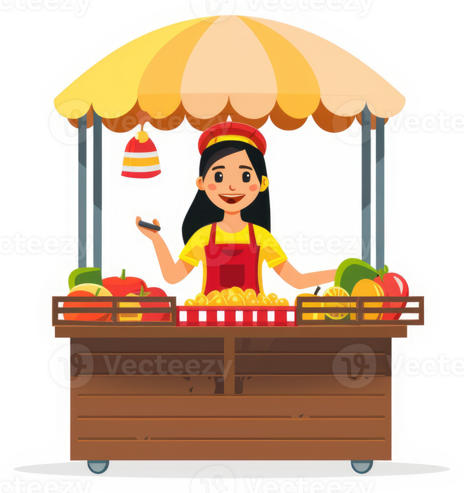 A friendly vendor selling fresh fruits at an outdoor market stall. png