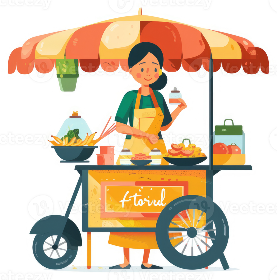 A woman working at a colorful food cart selling assorted street food. png