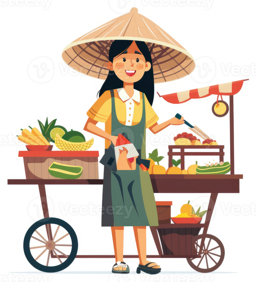 A friendly street vendor sells fresh produce and food items from a colorful cart. png