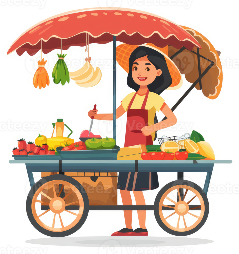A cheerful street vendor displays fresh fruits and vegetables on a mobile cart. png