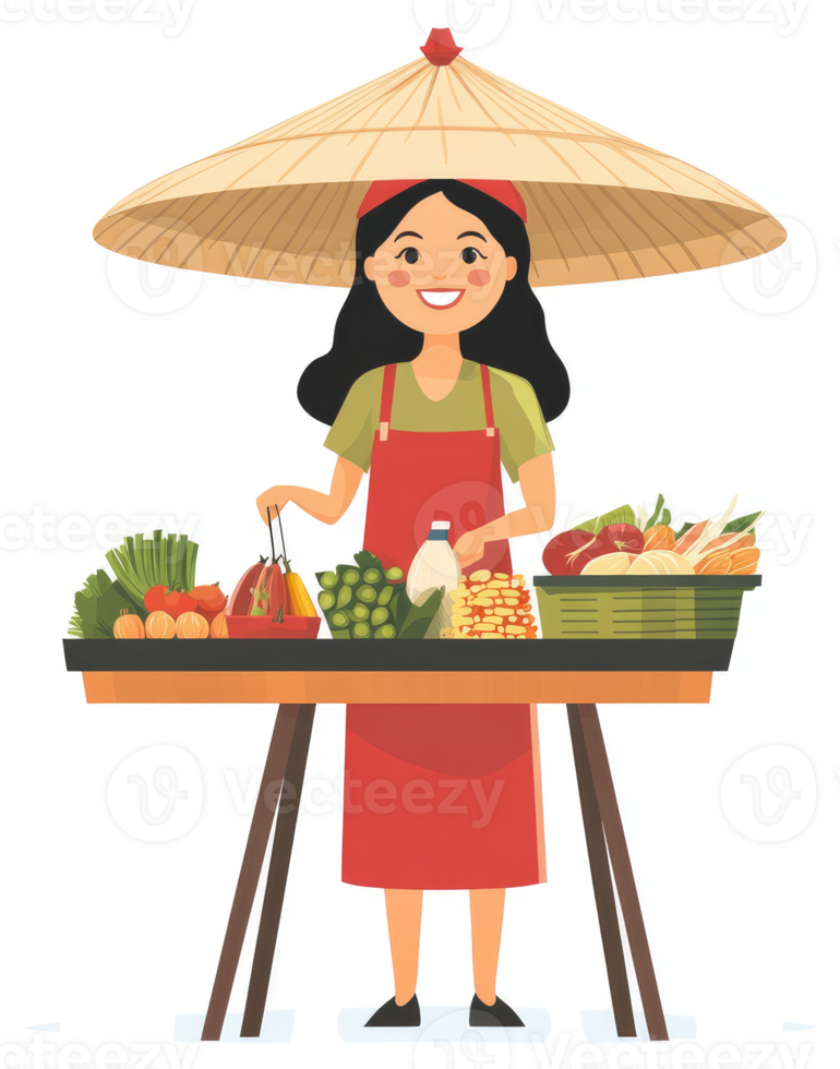 A friendly street vendor displays fresh produce under a straw hat. png