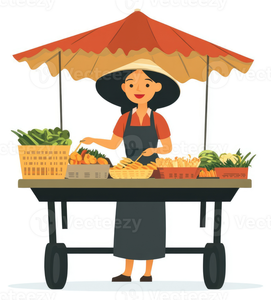 A friendly street vendor displays fresh produce and snacks under a market umbrella. png
