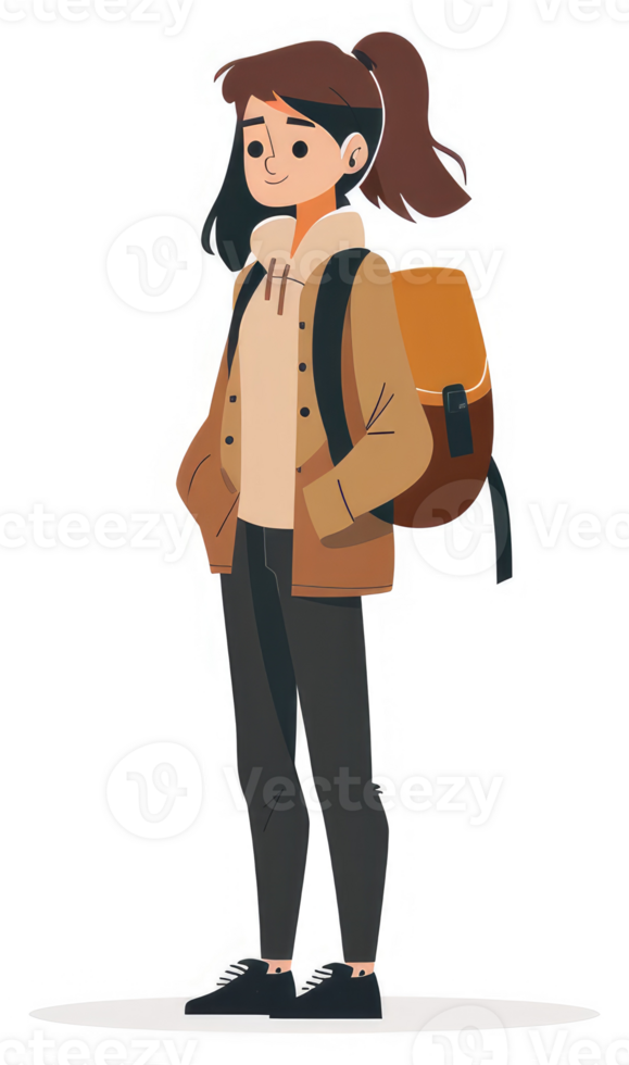 A young woman with a backpack, ready for an adventure. png