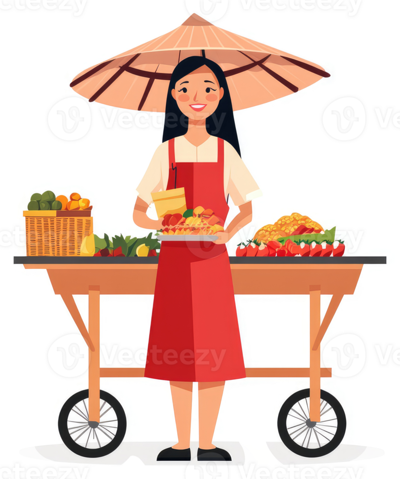 A smiling street vendor displaying various fresh foods on a cart. png