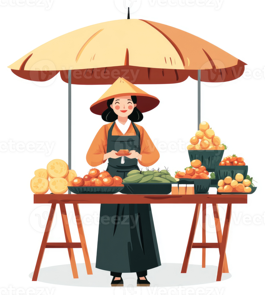 A happy vendor sells fresh fruits and vegetables under a market umbrella. png