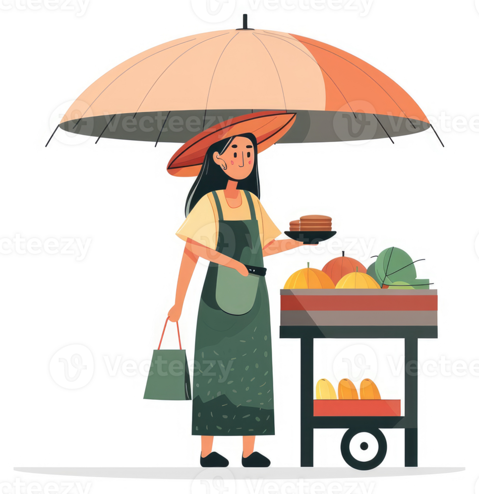 A woman selling street food and fruits under a wide umbrella. png