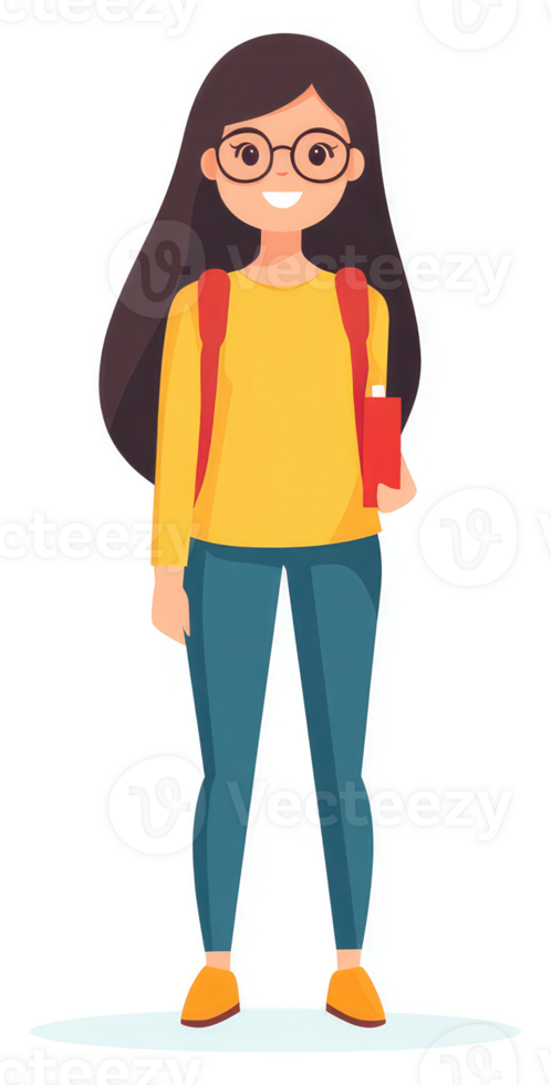 A cheerful student in a yellow top, blue pants, and glasses carrying a book. png