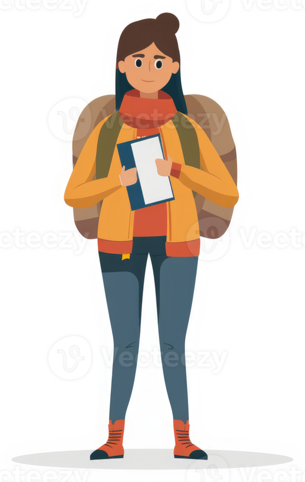 A cheerful female traveler carrying a notepad and a backpack. png