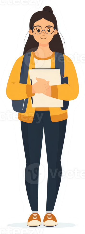 A cheerful student with a backpack and books, ready for a new day of learning. png