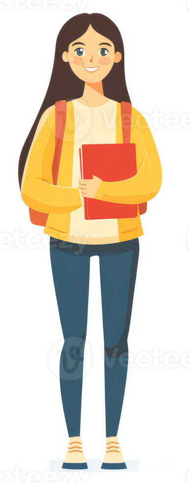 A cheerful female student with a red textbook and backpack. png