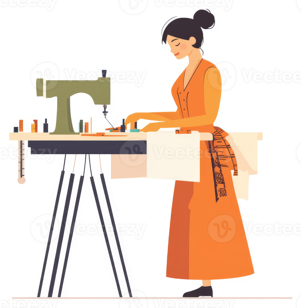 A woman meticulously sews fabric on a sewing machine. png