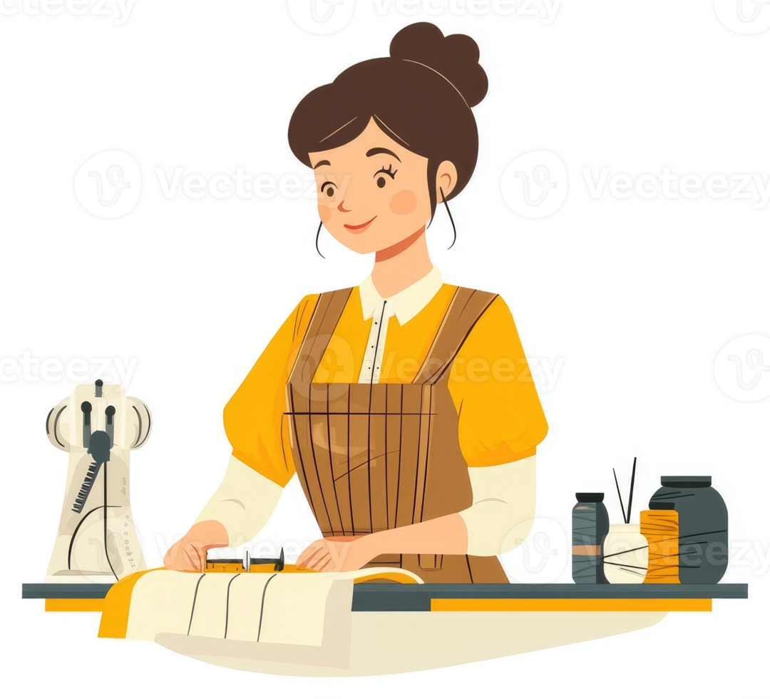 A woman sews with care using a sewing machine and fabric. png
