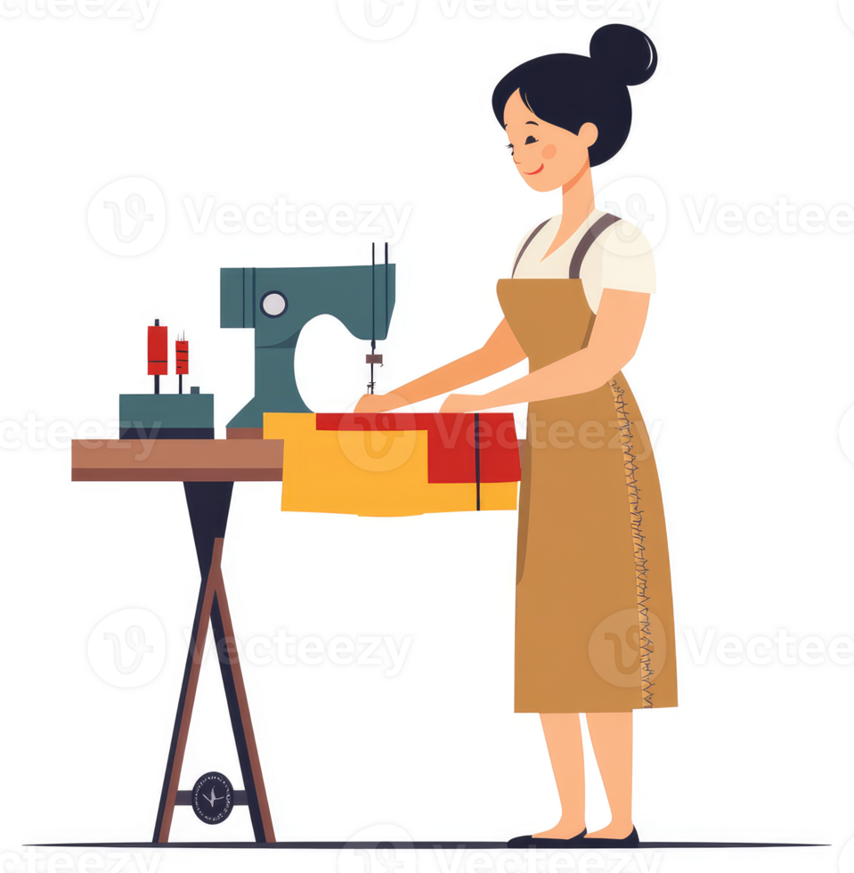 A seamstress diligently operates a sewing machine. png