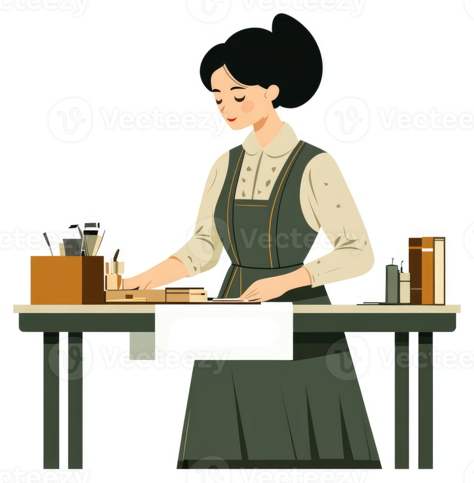 A woman working at a vintage-style desk, meticulously organizing supplies. png