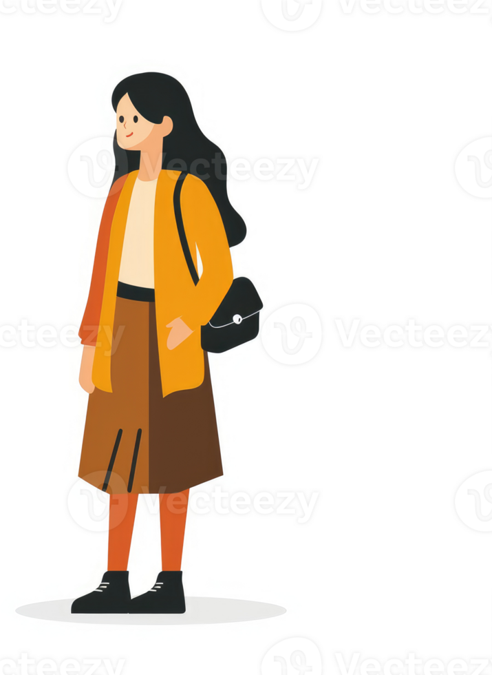 A young woman in stylish autumn attire, ready for a day of activities. png
