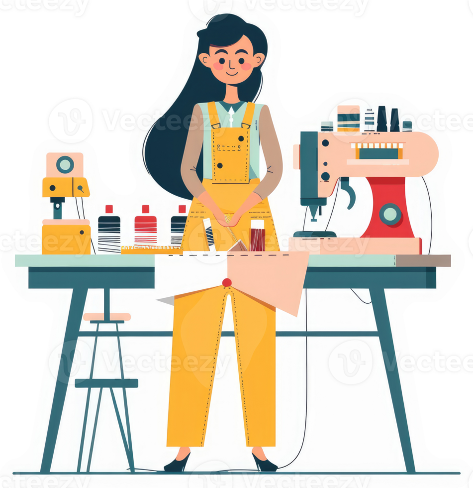 A female tailor working with fabric, sewing machine, and tools. png