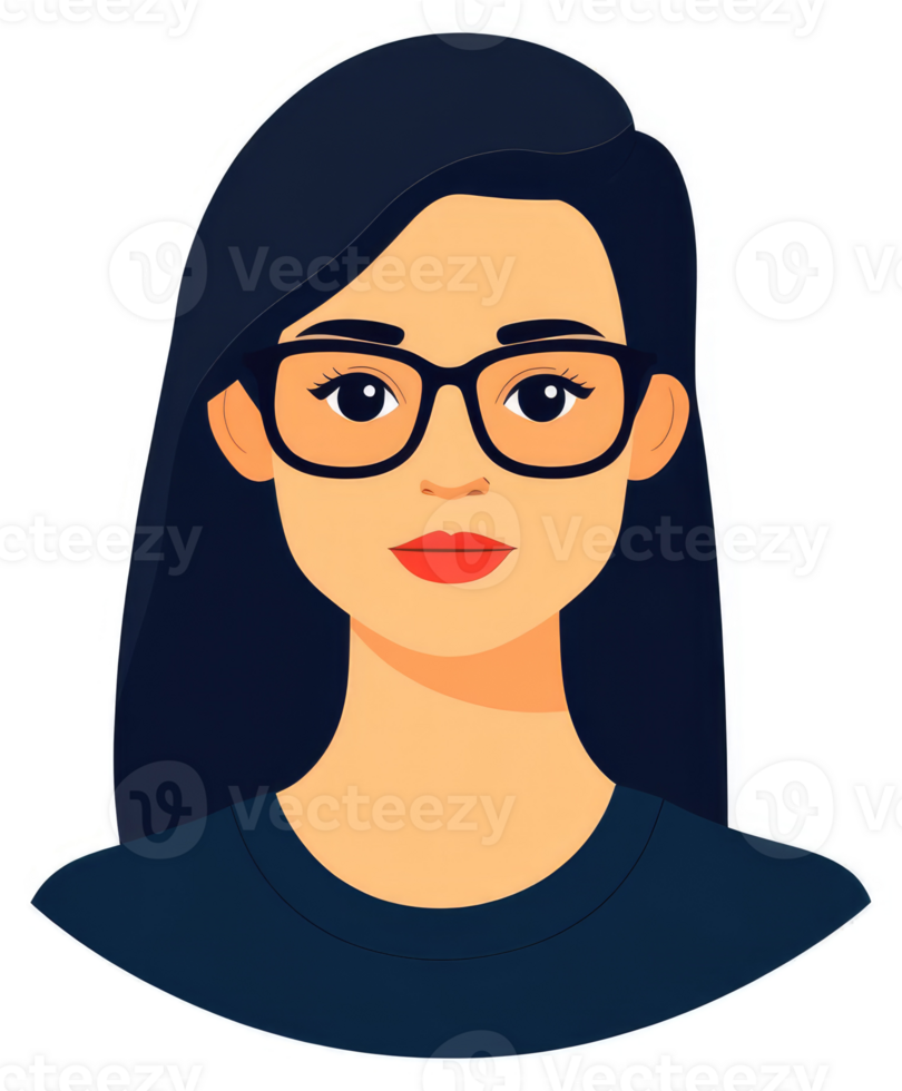 A stylized illustration of a woman wearing glasses and a dark top. png