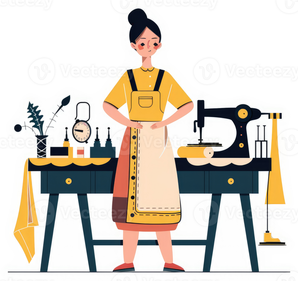 A female tailor stands at her work station with sewing machine and supplies. png