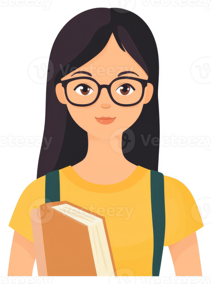 A young woman with glasses and a book, representing student life. png