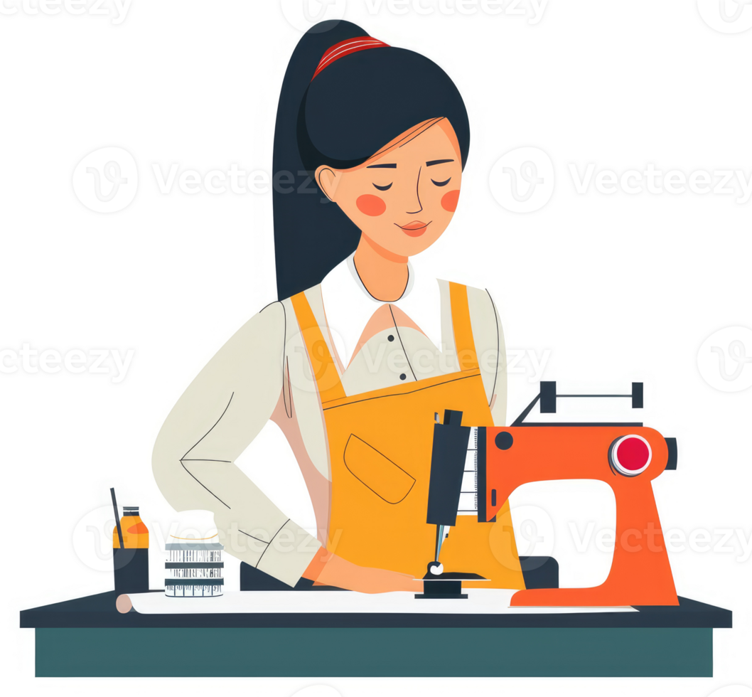 A woman in an apron operating a sewing machine. png