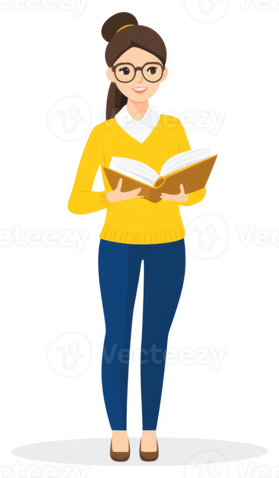 A young woman in a yellow sweater holding an open book. png