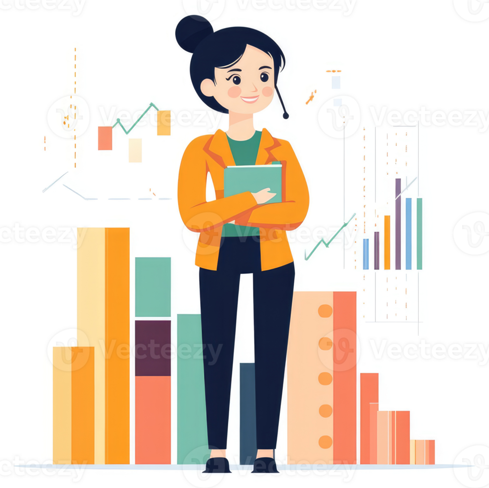 A confident woman analyst reviewing business performance data. png