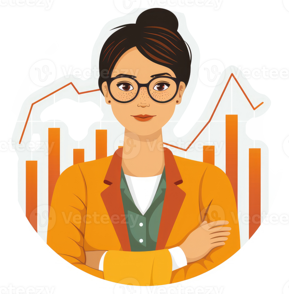 A confident businesswoman surrounded by financial graphs. png