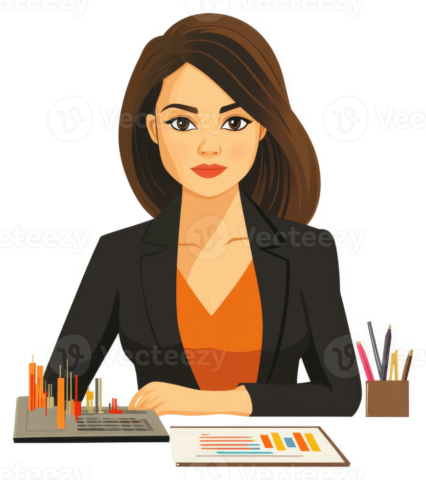 A businesswoman analyzing financial data and charts. png