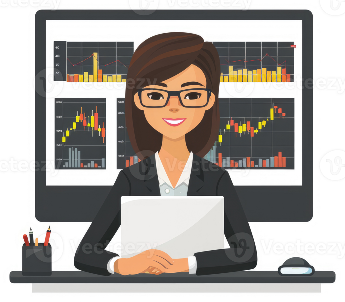 A businesswoman analyzing financial market data on a computer screen. png