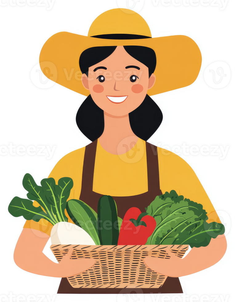 A cheerful farmer carrying a basket full of fresh produce. png