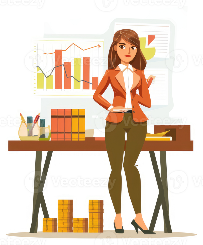 A confident businesswoman stands amidst financial charts and stacks of money. png