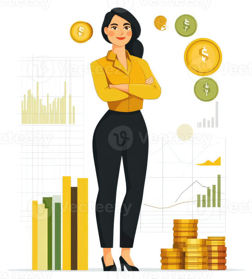 A confident businesswoman stands amidst financial data, surrounded by coins and graphs. png