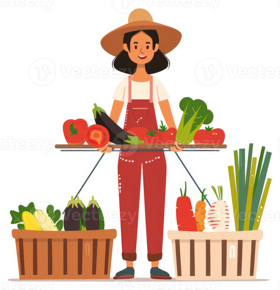 A woman farmer balancing fresh produce on a wooden tray and in baskets. png