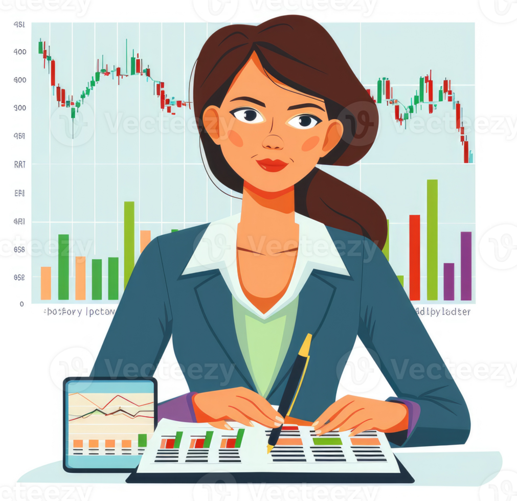 A businesswoman analyzes financial data and market trends. png