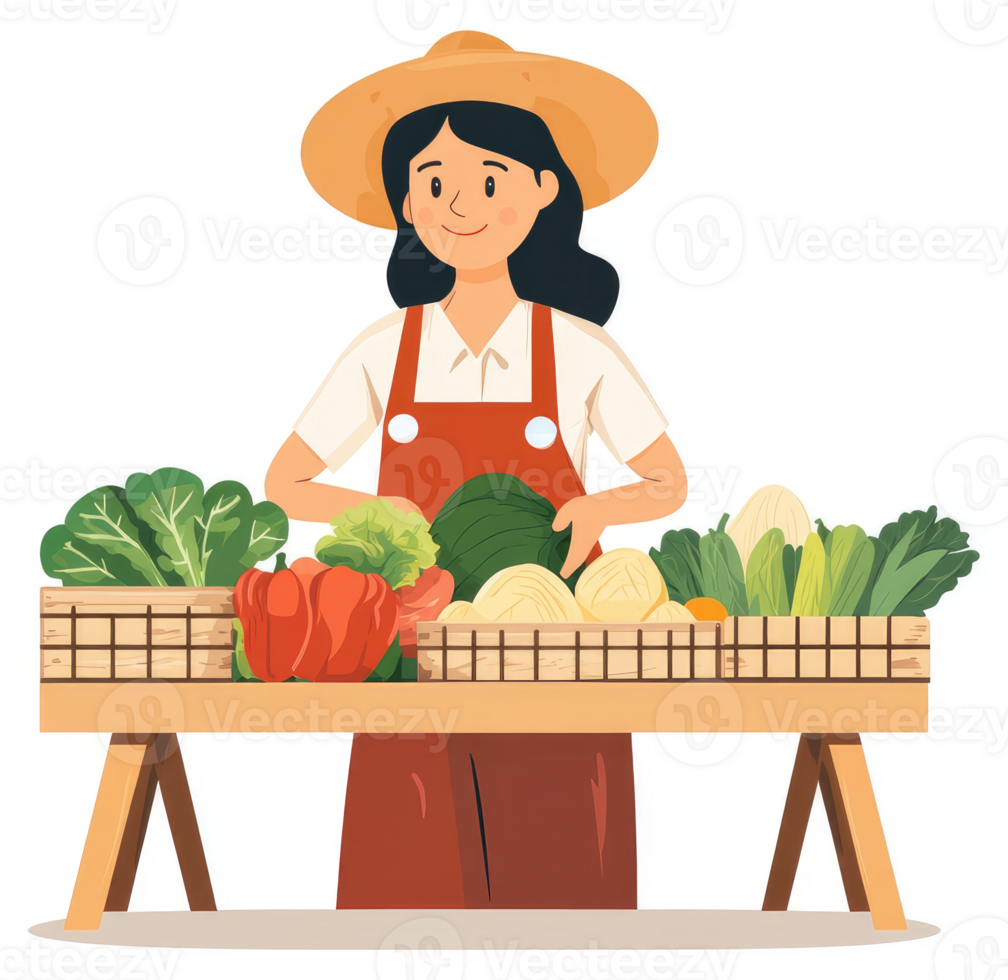 A cheerful vendor displaying a variety of fresh produce at a market stall. png