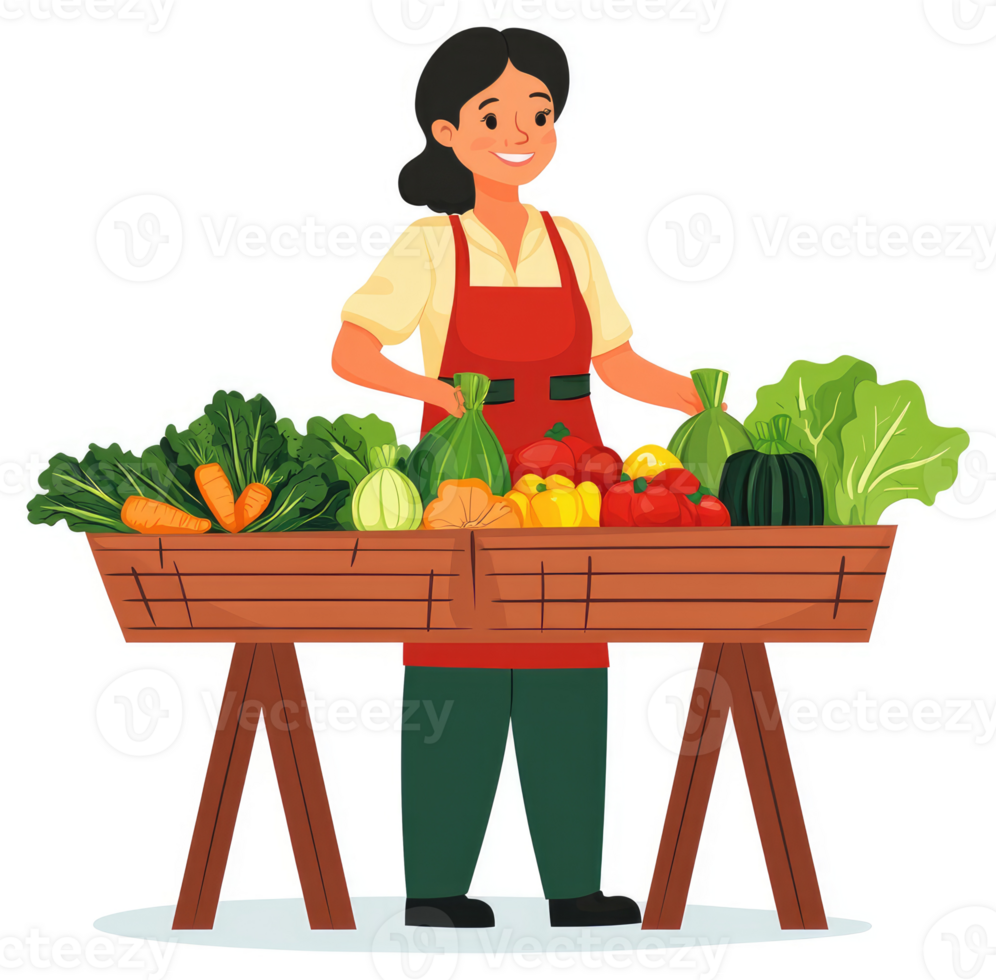 A friendly market vendor displays a colorful array of fresh produce. png