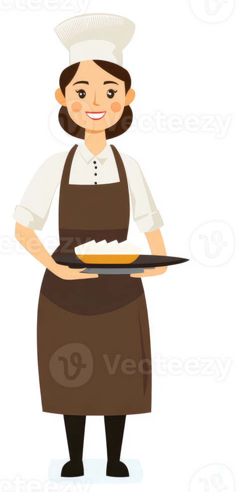 A smiling female chef wearing a uniform and carrying a tray of pie. png