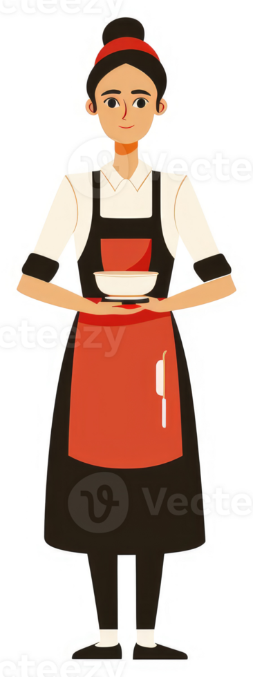 A female chef or waiter, holding a bowl, wearing a red apron. png