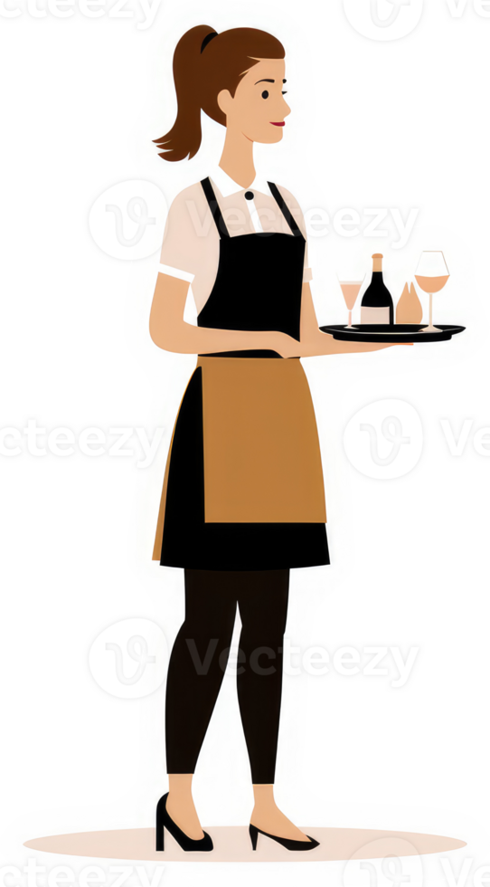A female server carrying a tray of drinks and bottles in a restaurant. png