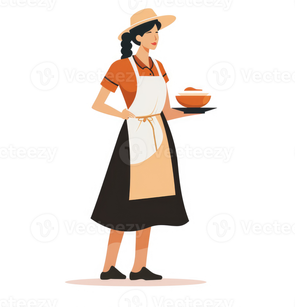 A woman in an apron and straw hat serving food on a tray. png